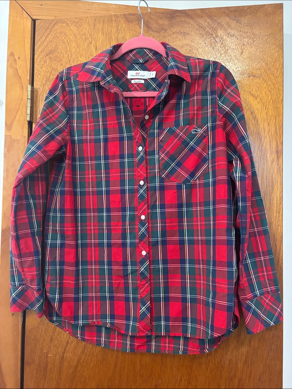 Vineyard Vines Merry Plaid Relaxed Fit Button Down Shirt Red Tartan Size 4